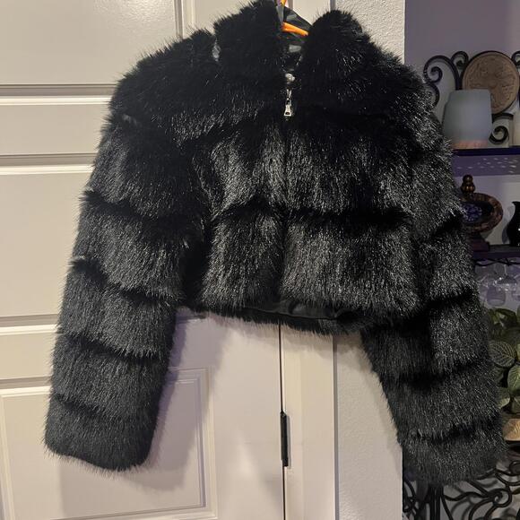Black Faux Fur Cropped Jacket with Hood, Size Small - Picture 1 of 4